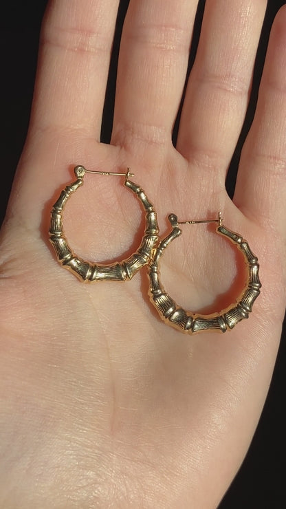 VINTAGE 14K GOLD BAMBOO HOOPS, 27 MM